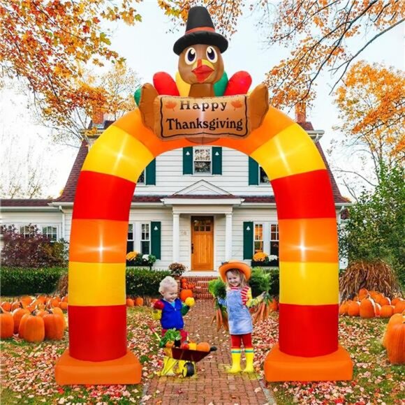 10Ft Inflatable Turkey Decoration, Blow Up Turkey Archway with LED Lights - Picture 1 of 7